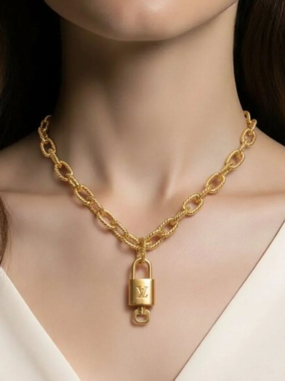 Authentic Louis Vuitton Lock & Key with Gold Plated Gold Chain Necklace 013126